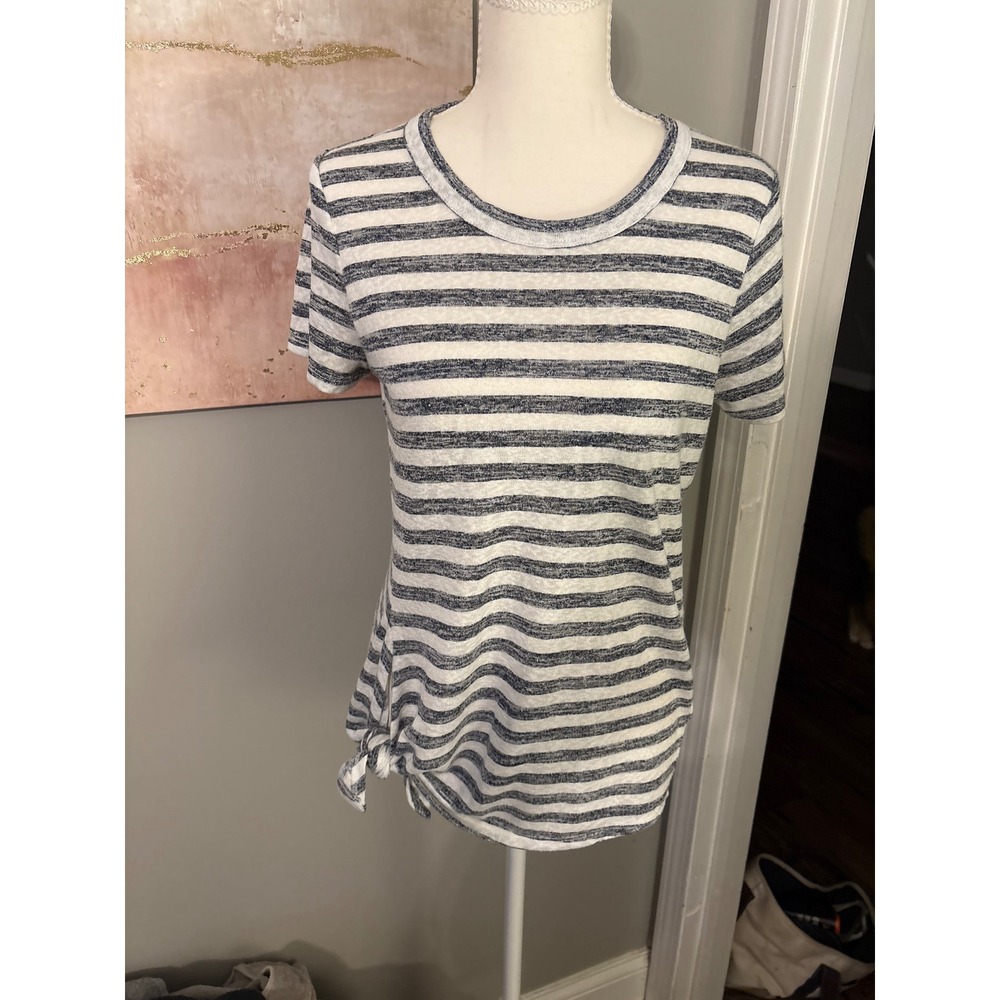 Bobeau Womens Navy White Striped Side Tie Short Sleeve Crew Neck T-Shirt Small